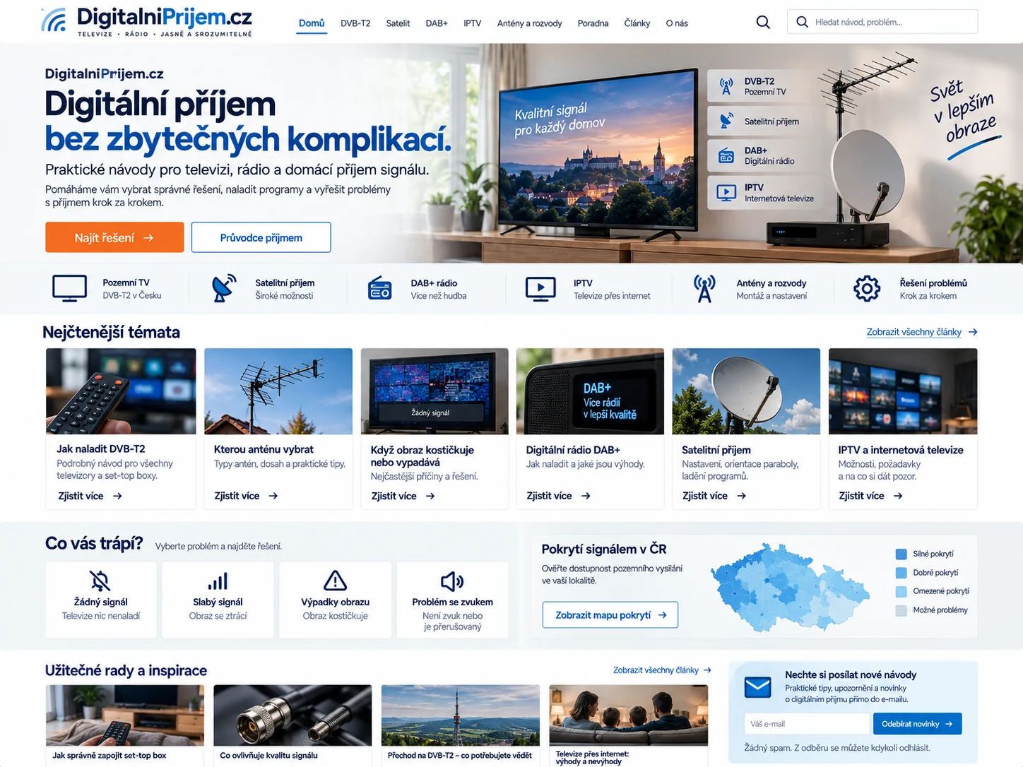 Ilustrační návrh možného webu DigitalniPrijem.cz zaměřeného na televizní a rozhlasový příjem, antény, satelit a internetovou televizi